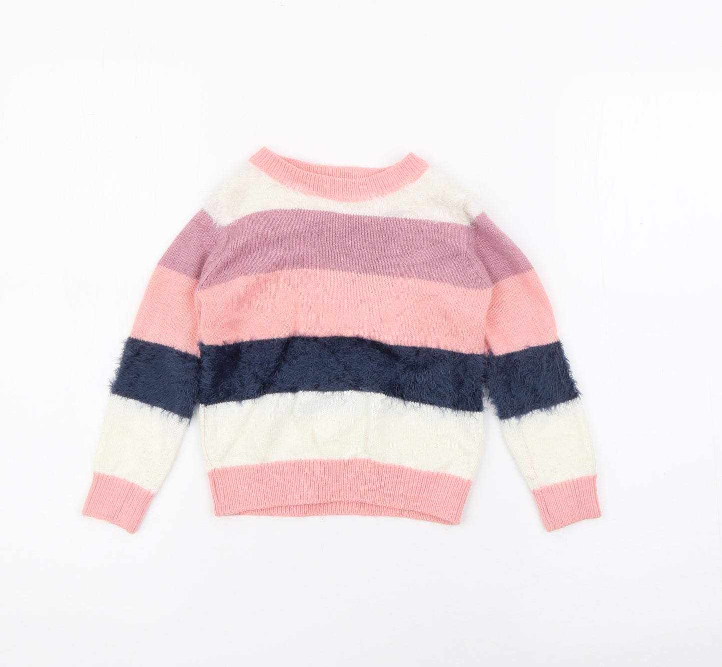 anko Girls Pink Crew Neck Striped Acrylic Pullover Jumper Size 3 Years
