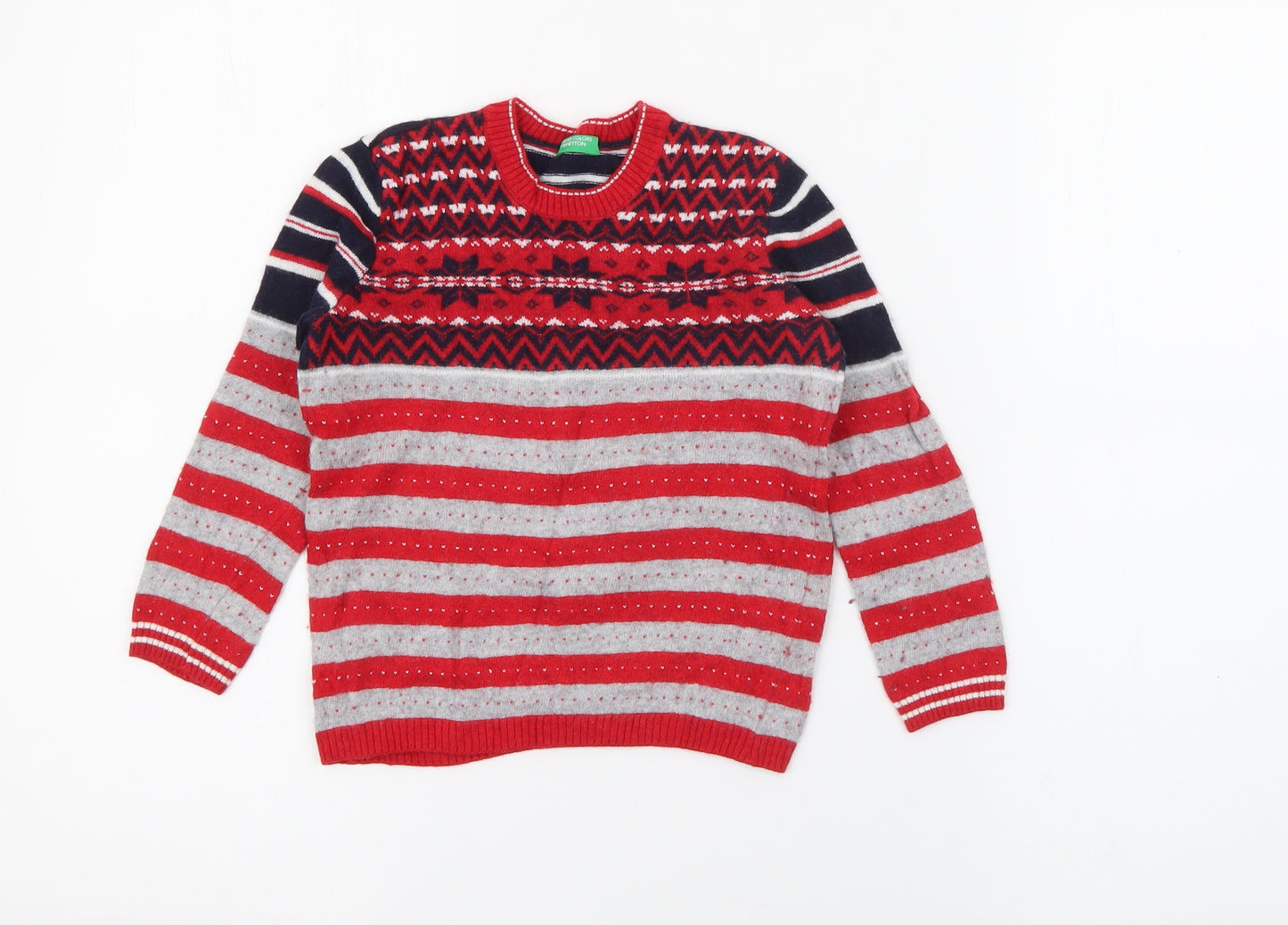 United Colors of Benetton Boys Red Crew Neck Geometric Polyamide Pullover Jumper Size 4-5 Years