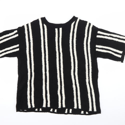 Marks and Spencer Womens Black Crew Neck Striped Cotton Pullover Jumper Size 14