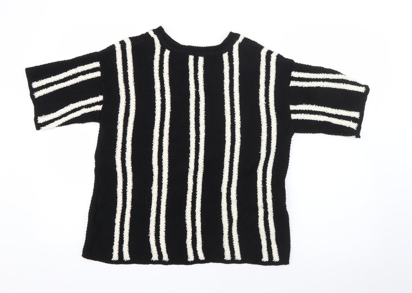 Marks and Spencer Womens Black Crew Neck Striped Cotton Pullover Jumper Size 14