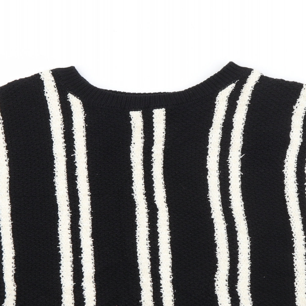 Marks and Spencer Womens Black Crew Neck Striped Cotton Pullover Jumper Size 14