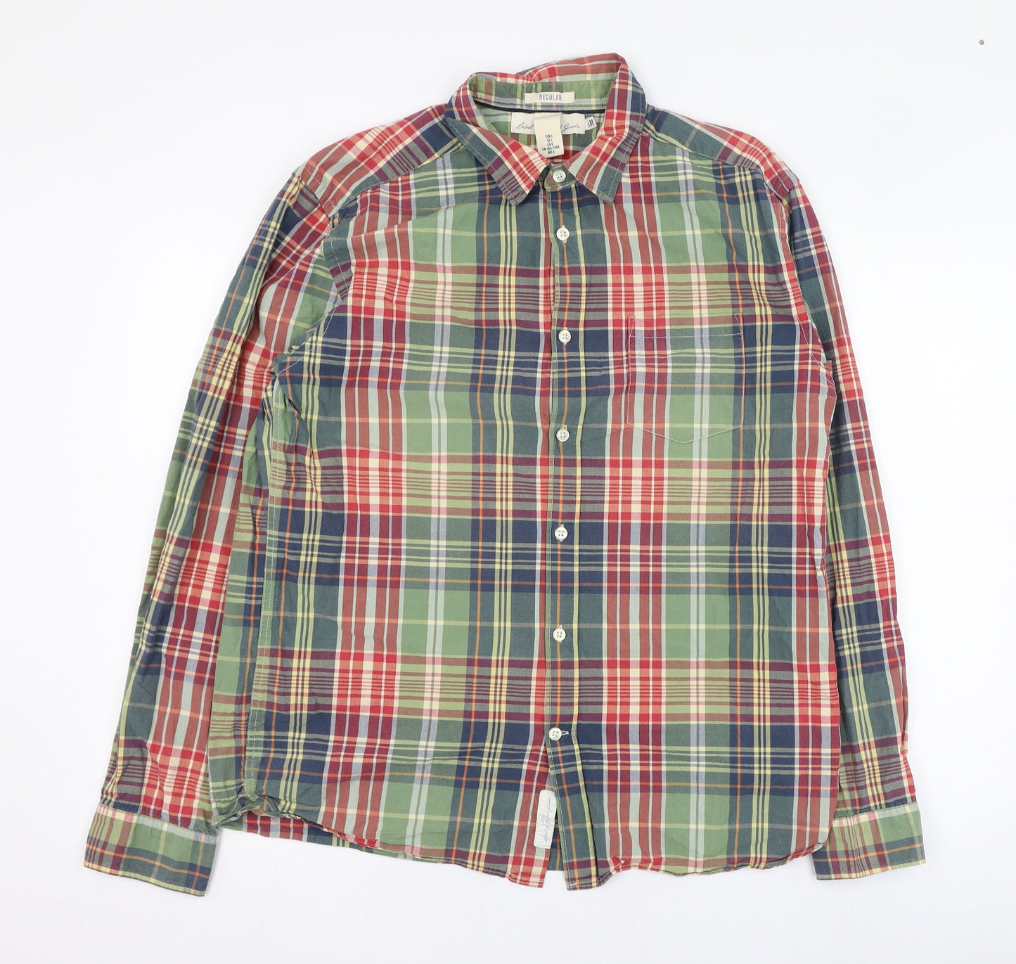 H&M Mens Green Check Cotton  Dress Shirt Size L Collared Button