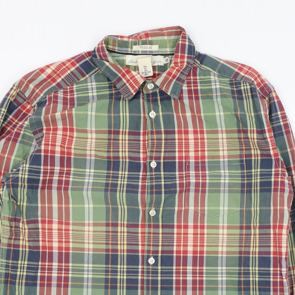 H&M Mens Green Check Cotton  Dress Shirt Size L Collared Button