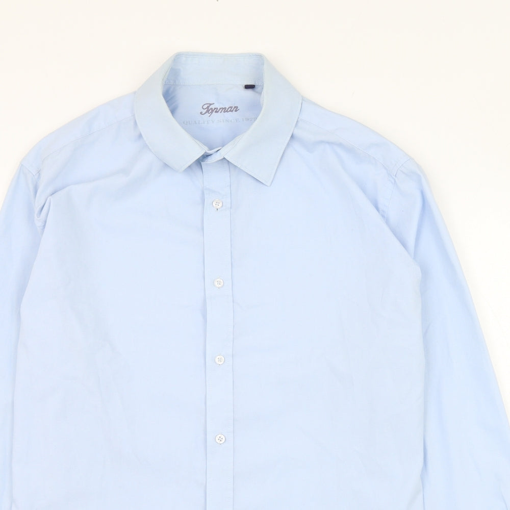 Topman Mens Blue  Polyester  Dress Shirt Size L Collared Button