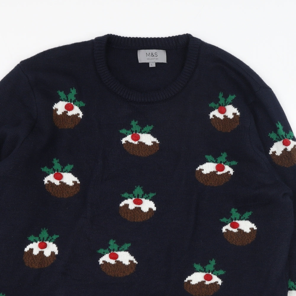 Marks and Spencer Mens Blue Round Neck  Acrylic Pullover Jumper Size L   - Christmas