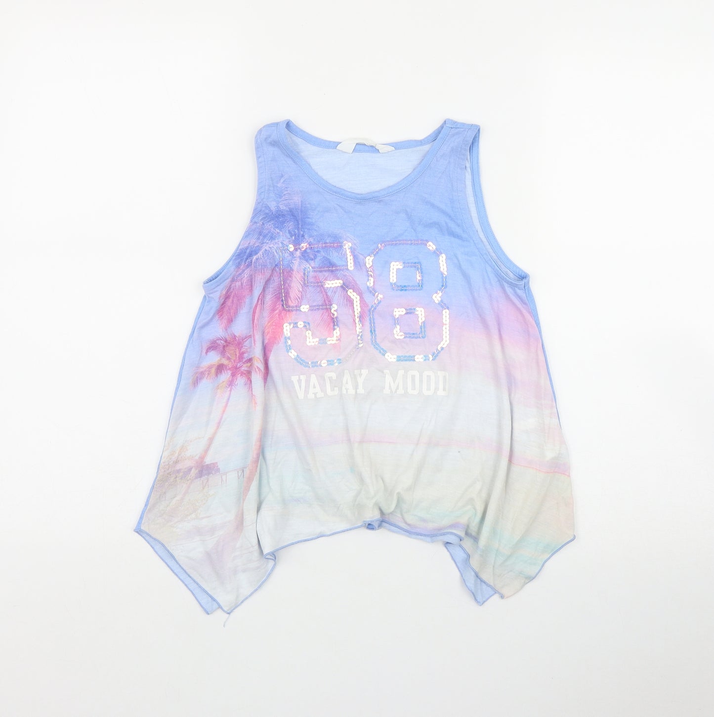H&M Girls Blue  Polyester Basic Tank Size 8-9 Years Scoop Neck  - 'Vacay Mood'