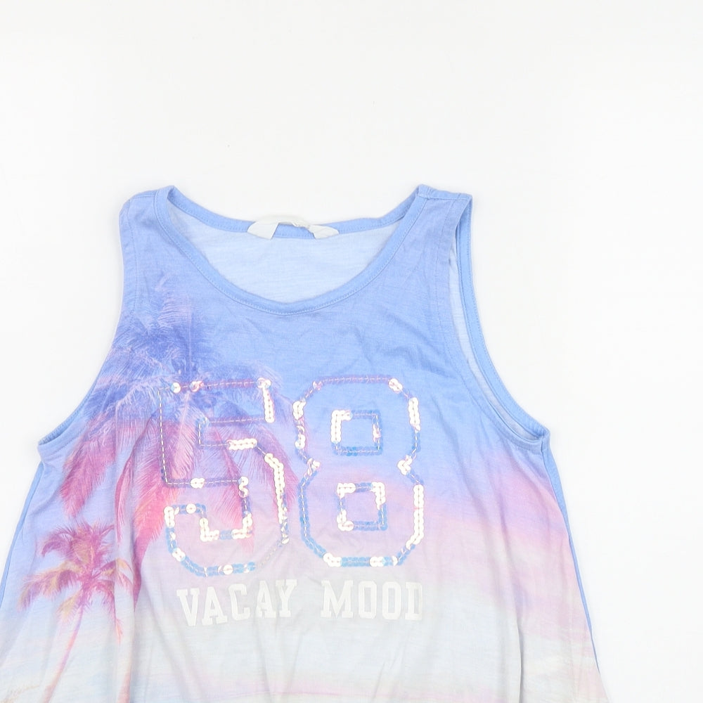 H&M Girls Blue  Polyester Basic Tank Size 8-9 Years Scoop Neck  - 'Vacay Mood'