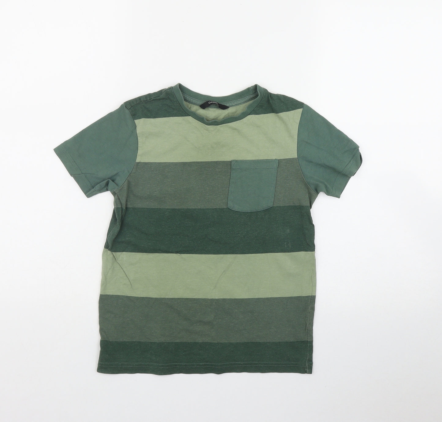 George Boys Green Striped Cotton Basic T-Shirt Size 8-9 Years Round Neck