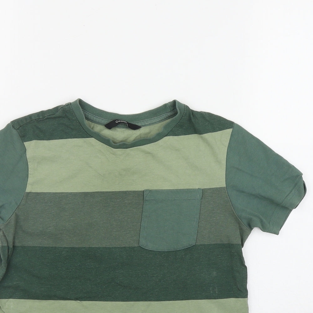 George Boys Green Striped Cotton Basic T-Shirt Size 8-9 Years Round Neck