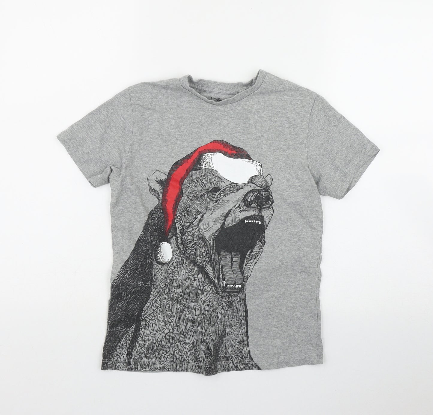 NEXT Boys Grey  Cotton Basic T-Shirt Size 9 Years Round Neck  - Christmas Bear