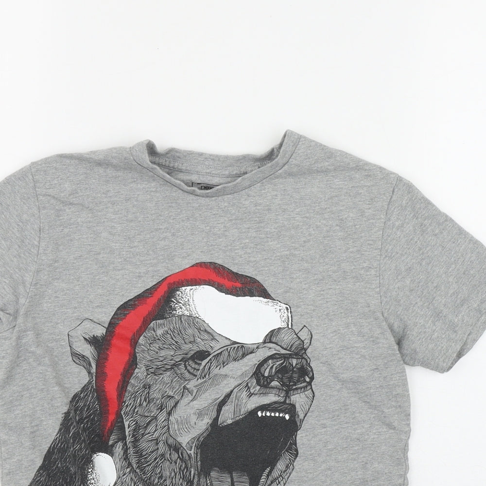 NEXT Boys Grey  Cotton Basic T-Shirt Size 9 Years Round Neck  - Christmas Bear