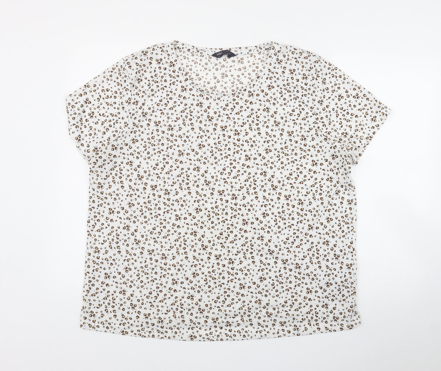 Marks and Spencer Womens White Animal Print Polyester Basic T-Shirt Size 20 Round Neck
