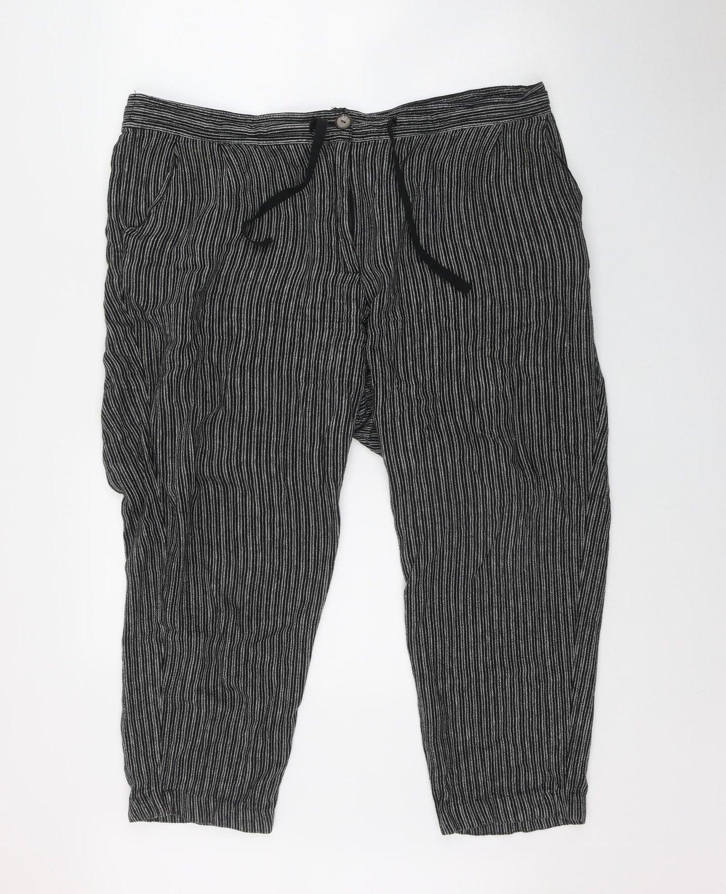 NEXT Womens Black Striped Linen Trousers  Size 20 L26 in Regular Button