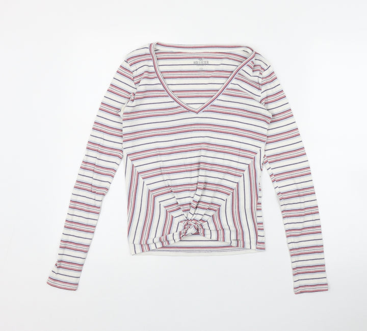 Hollister Womens Pink Striped Cotton Basic T-Shirt Size S V-Neck
