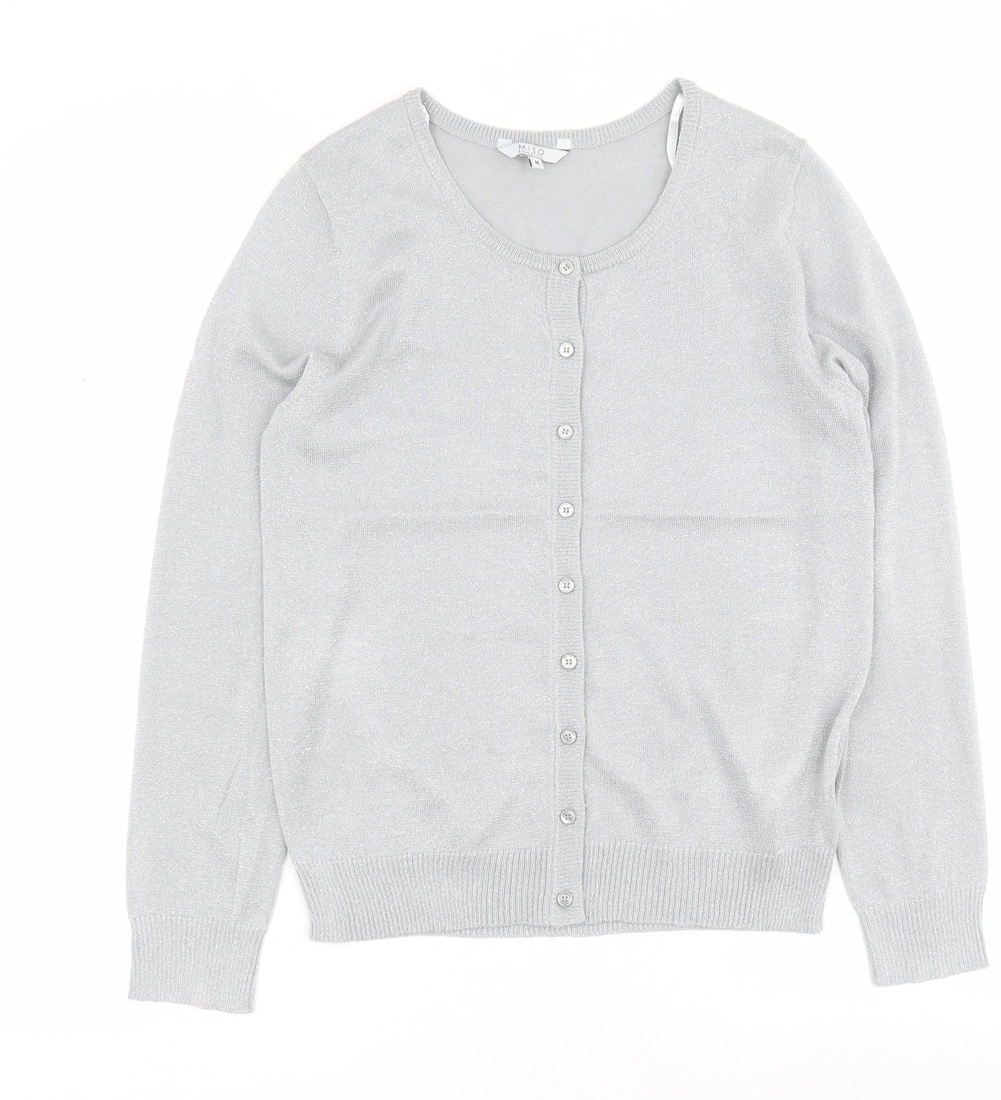 Miso Essentials Womens Silver Round Neck  Acrylic Cardigan Jumper Size M