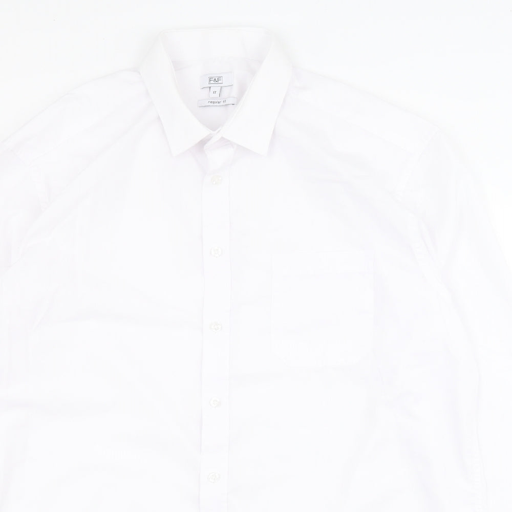 F&F Mens White  Polyester  Dress Shirt Size 17 Collared Button