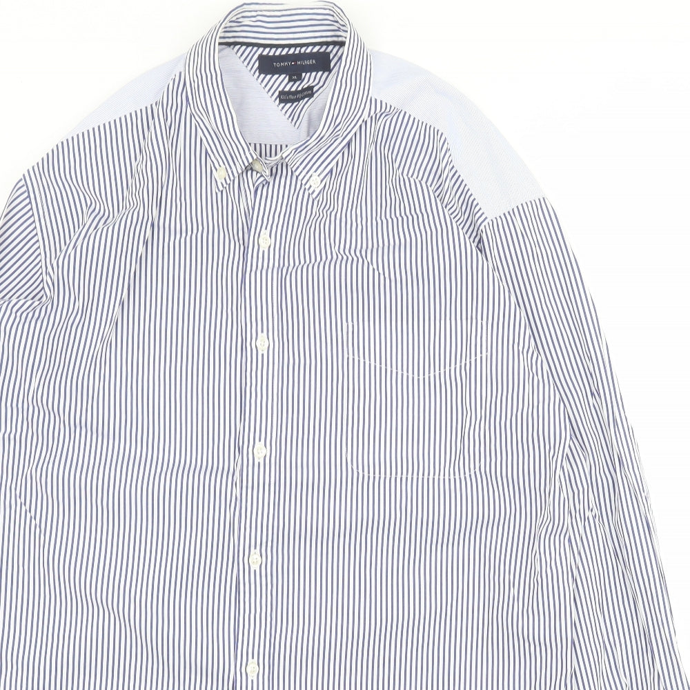 Tommy Hilfiger Mens Blue Striped Cotton  Button-Up Size XL Collared Button