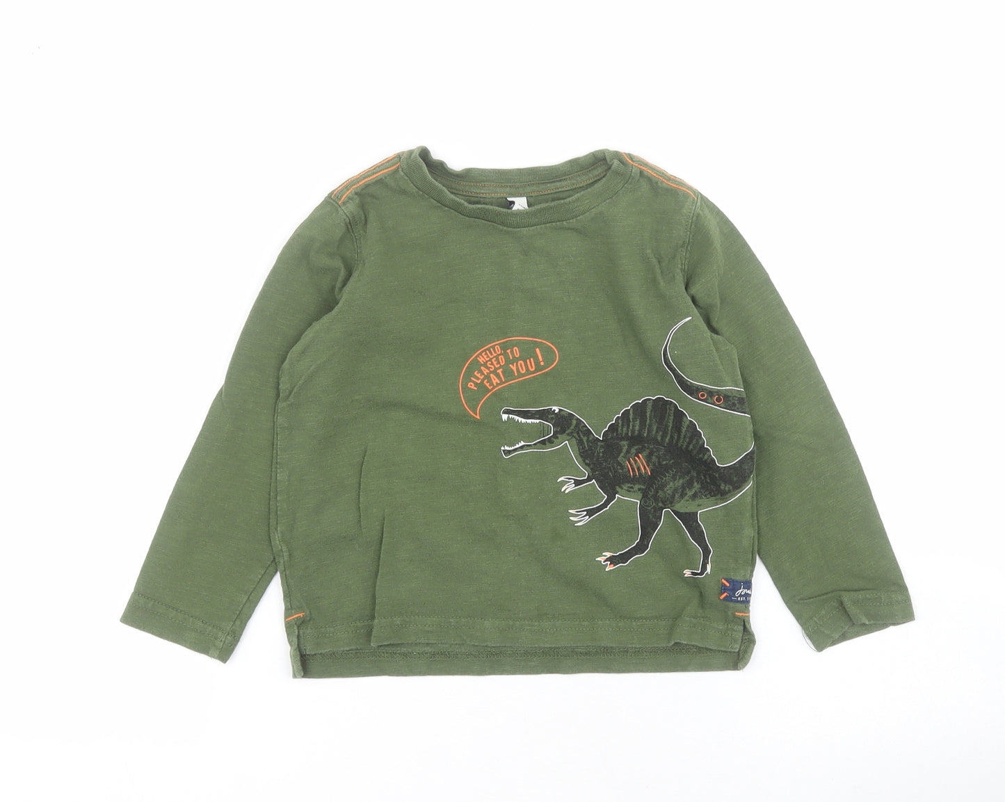 Joules Boys Green  100% Cotton Pullover T-Shirt Size 2 Years Round Neck Pullover - Dinosaur