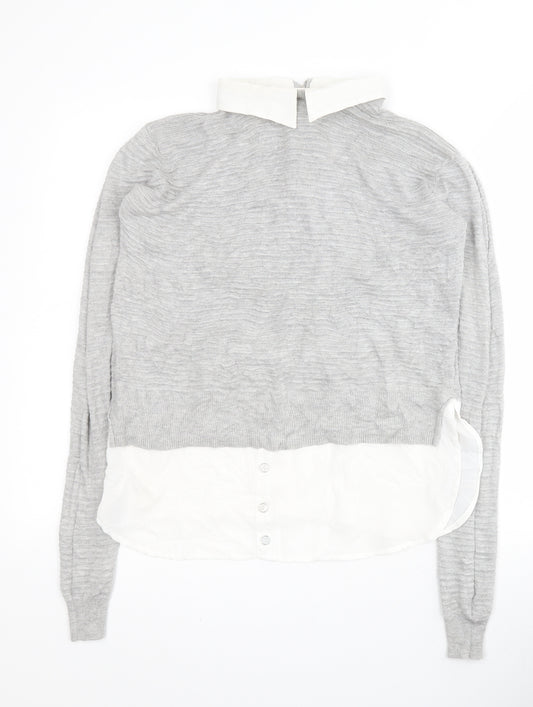 Front view of Primark women’s grey collared viscose jumper, size UK 12