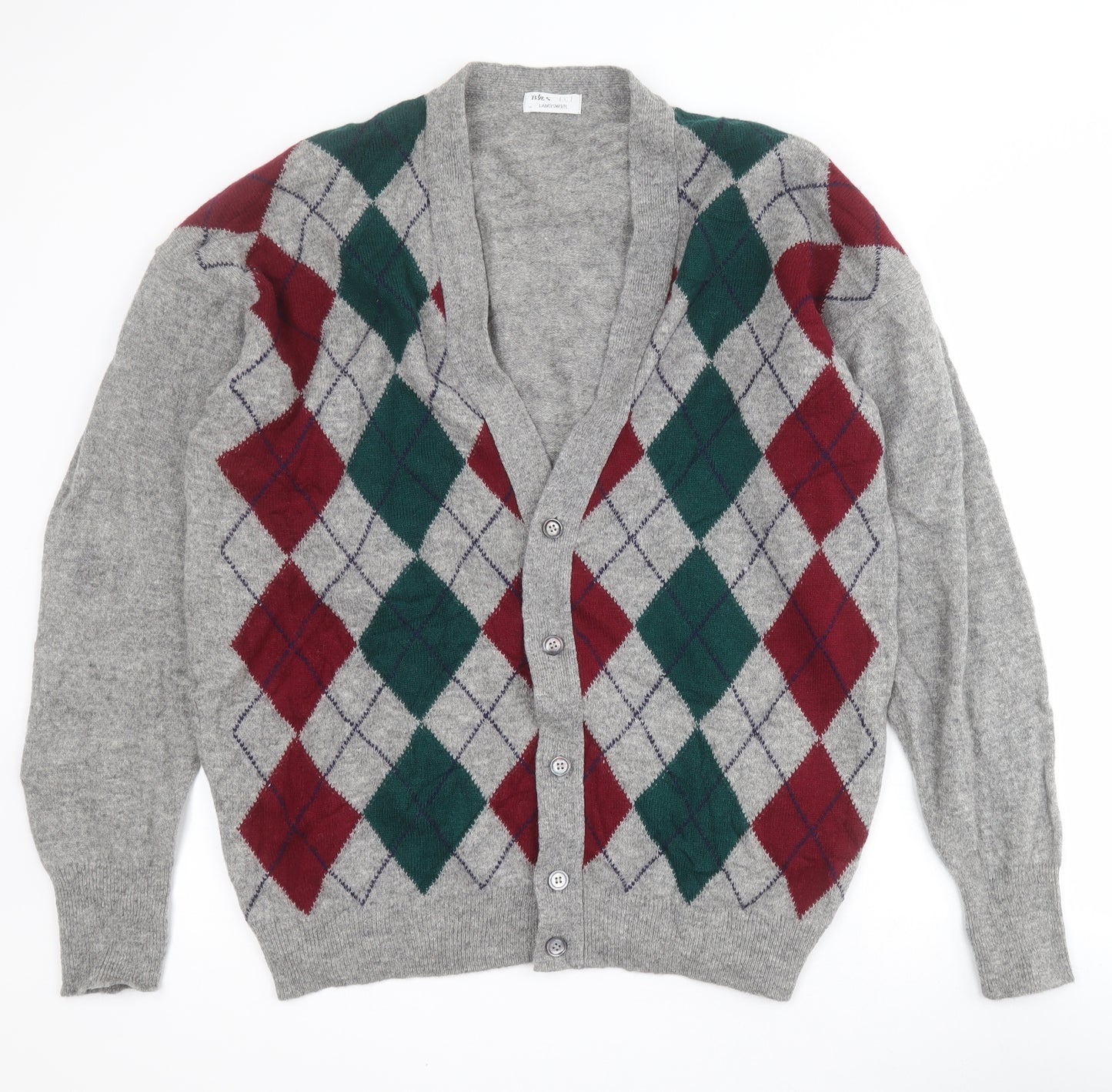 BHS Mens Grey V-Neck Argyle/Diamond Wool Cardigan Jumper Size L
