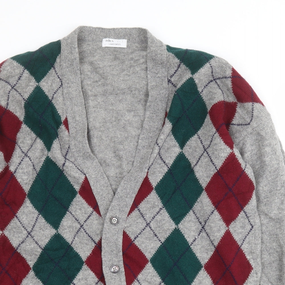 BHS Mens Grey V-Neck Argyle/Diamond Wool Cardigan Jumper Size L
