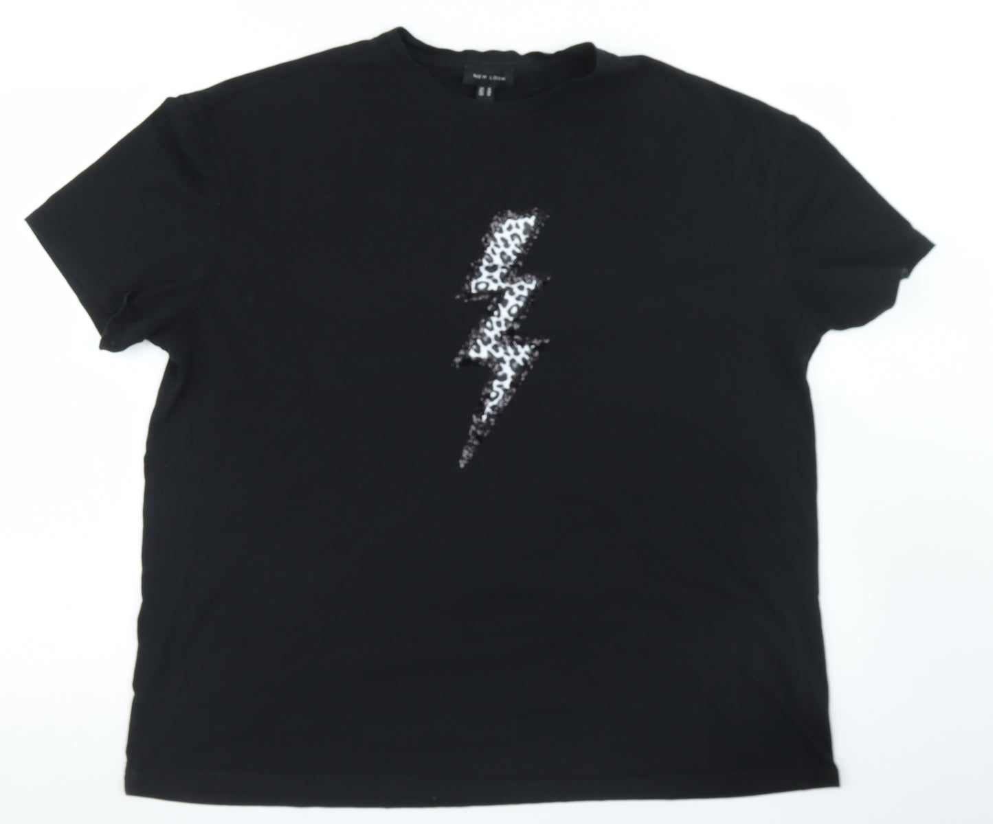 New Look Womens Black  Cotton Basic T-Shirt Size 18 Crew Neck - Lightning Bolts