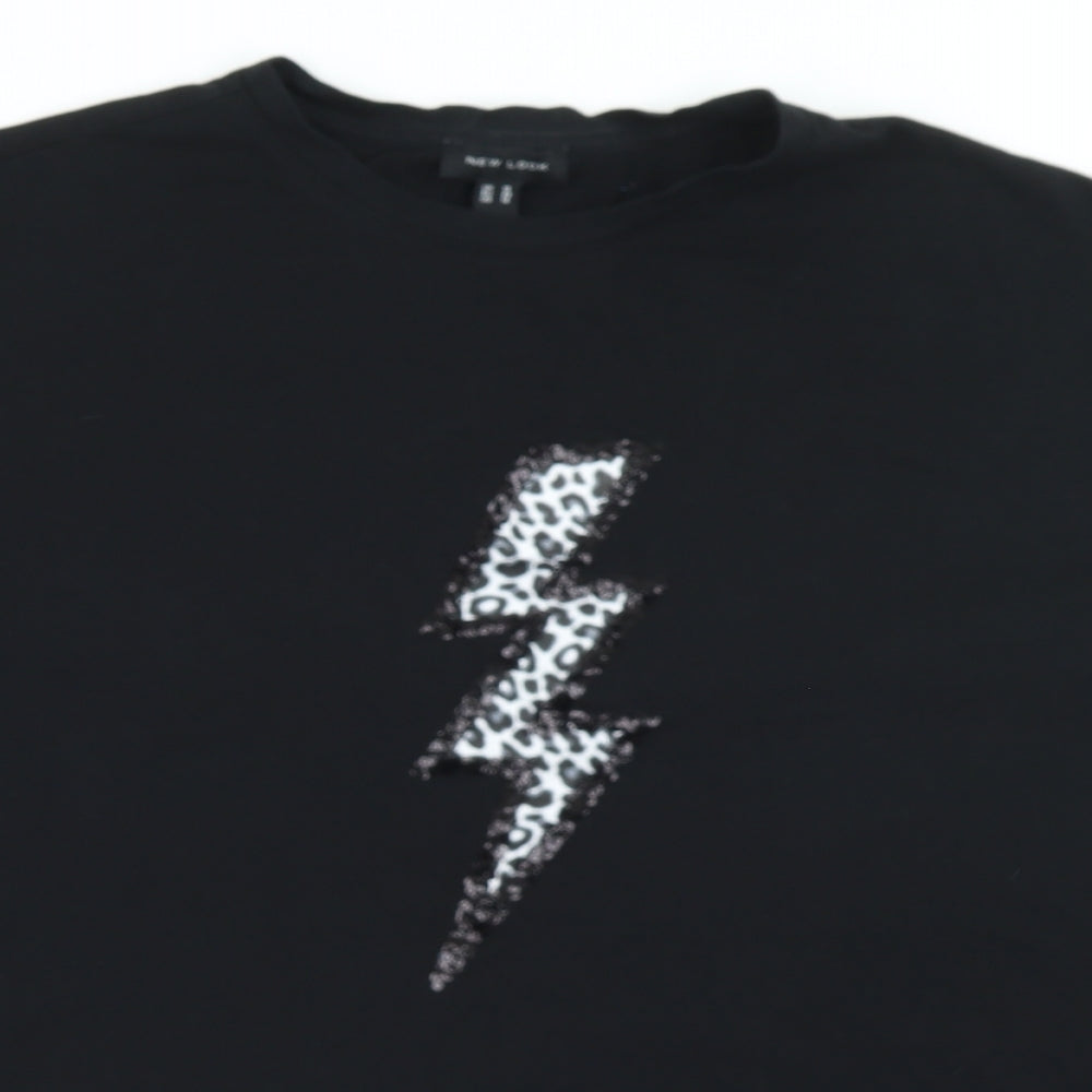New Look Womens Black  Cotton Basic T-Shirt Size 18 Crew Neck - Lightning Bolts