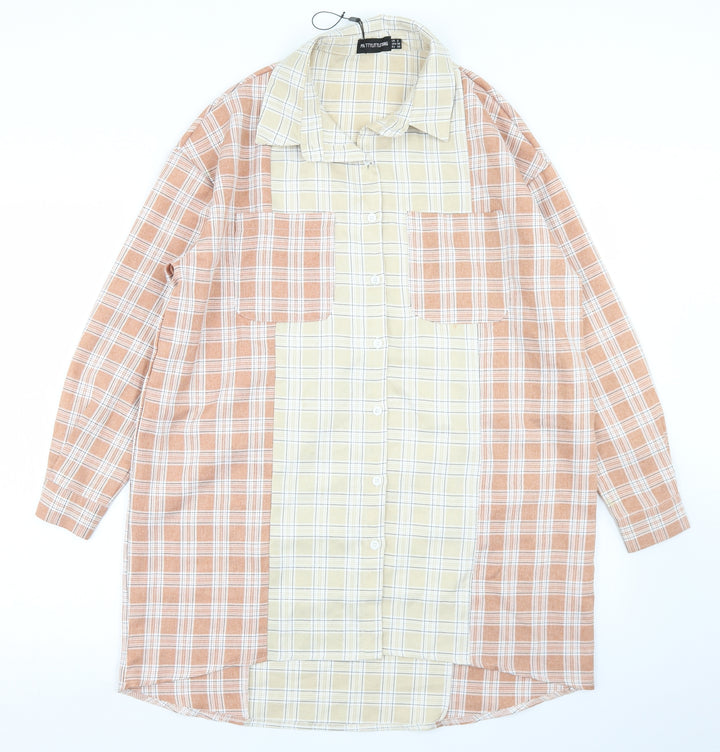 PRETTYLITTLETHING Womens Beige Plaid Polyester Shirt Dress Size 2 Collared Button