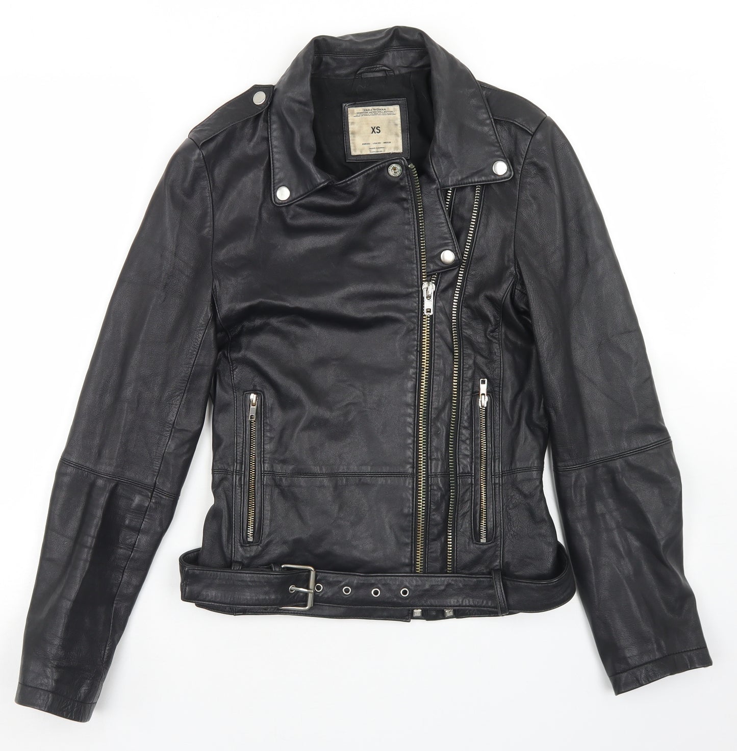 Zara Womens Black   Biker Jacket Size XS  Zip - Lambskin