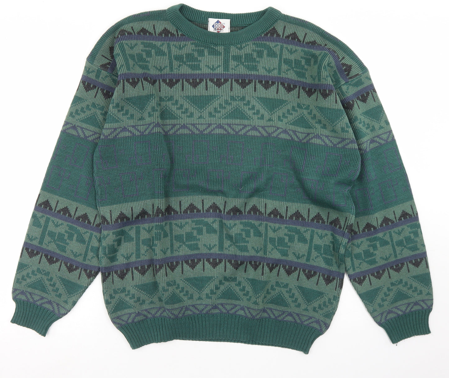 1880 Mens Green Crew Neck Geometric Acrylic Pullover Jumper Size L