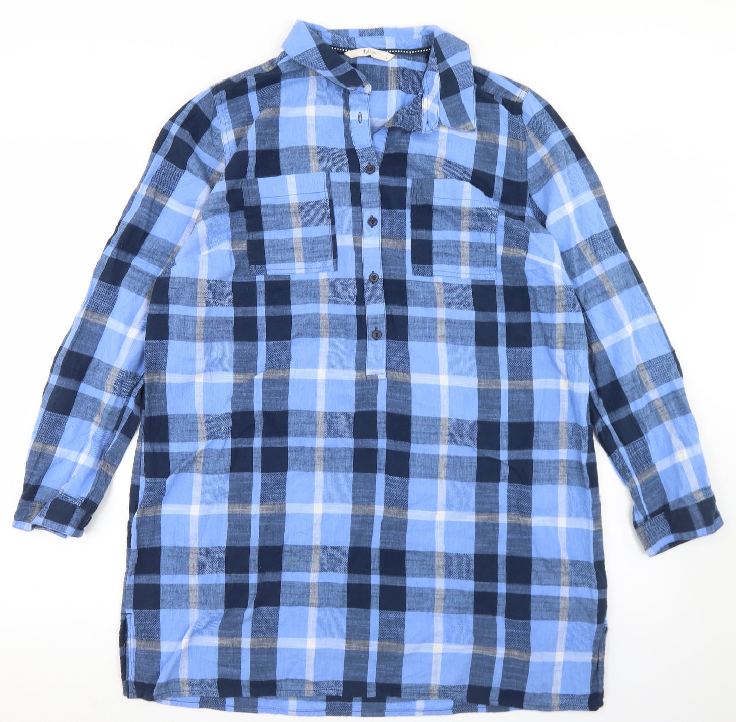 TU Womens Blue Plaid Cotton Tunic T-Shirt Size 18 Collared