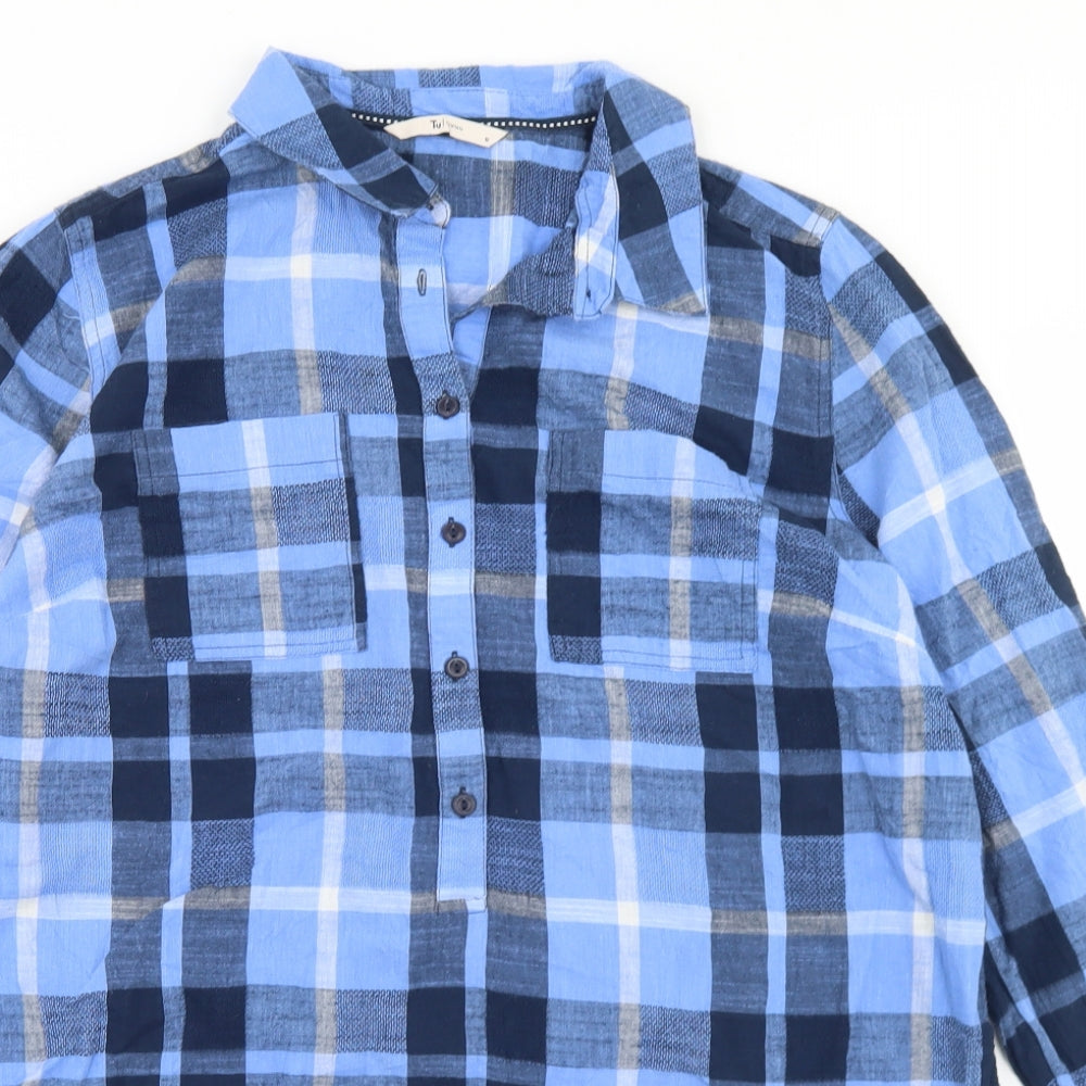 TU Womens Blue Plaid Cotton Tunic T-Shirt Size 18 Collared