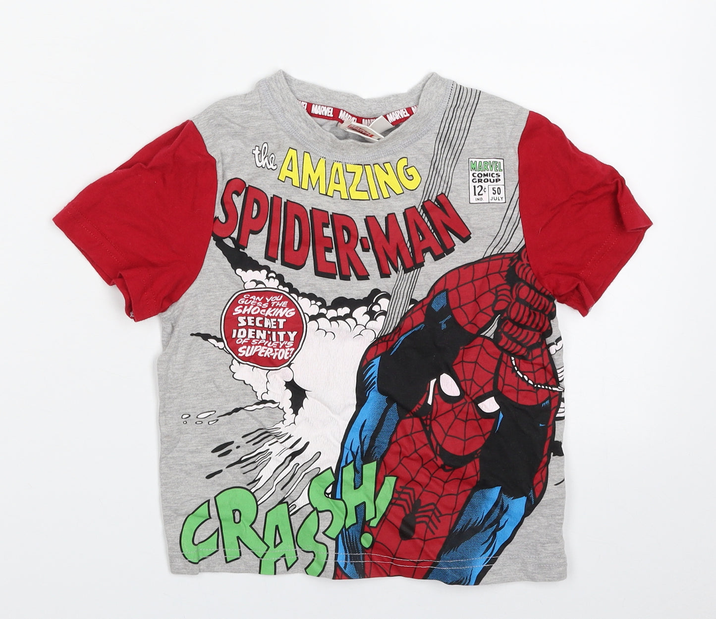 Primark Boys Grey  Cotton Pullover T-Shirt Size 5-6 Years Crew Neck Pullover - Spiderman- Crash!