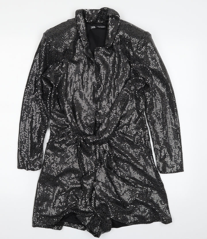 Zara Womens Black Polyester Romper One-Piece Size XS Button - Tie