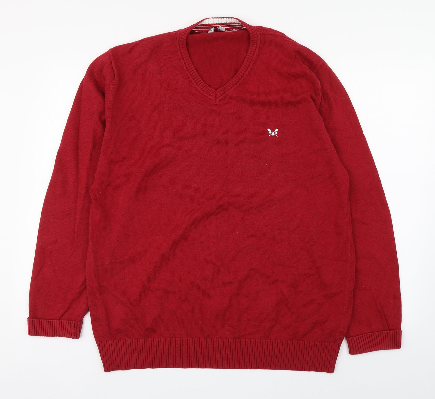 Crew Clothing Mens Red V-Neck  Cotton Pullover Jumper Size L