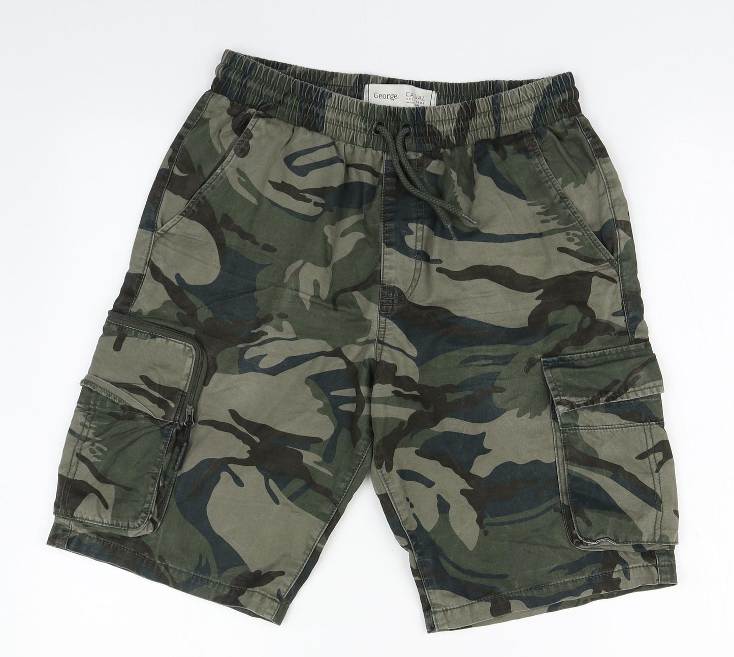 George Mens Green Camouflage Cotton Cargo Shorts Size S L10 in Regular