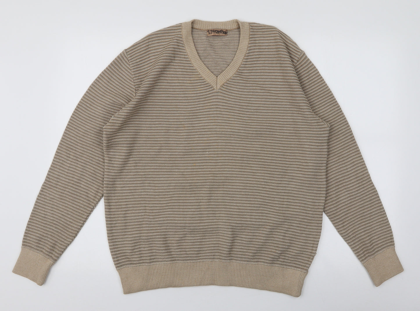 Marks and Spencer Mens Brown V-Neck Striped Cotton Pullover Jumper Size M