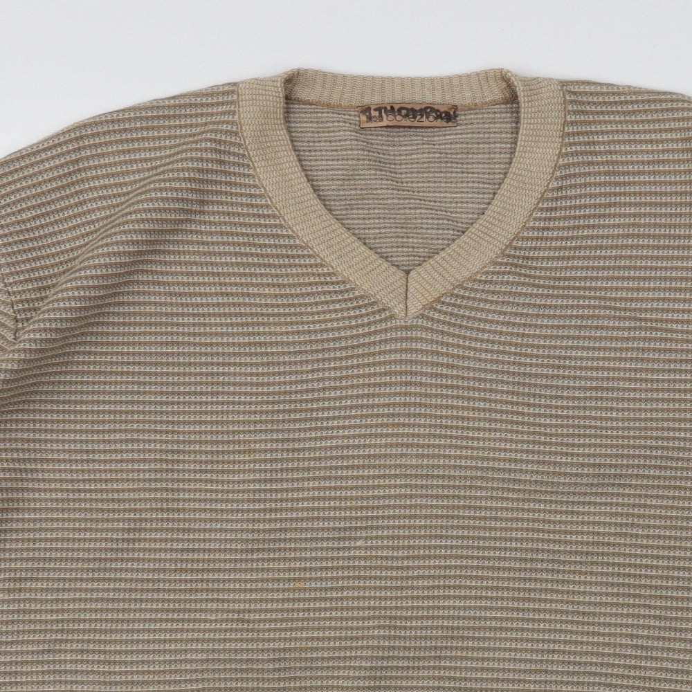 Marks and Spencer Mens Brown V-Neck Striped Cotton Pullover Jumper Size M
