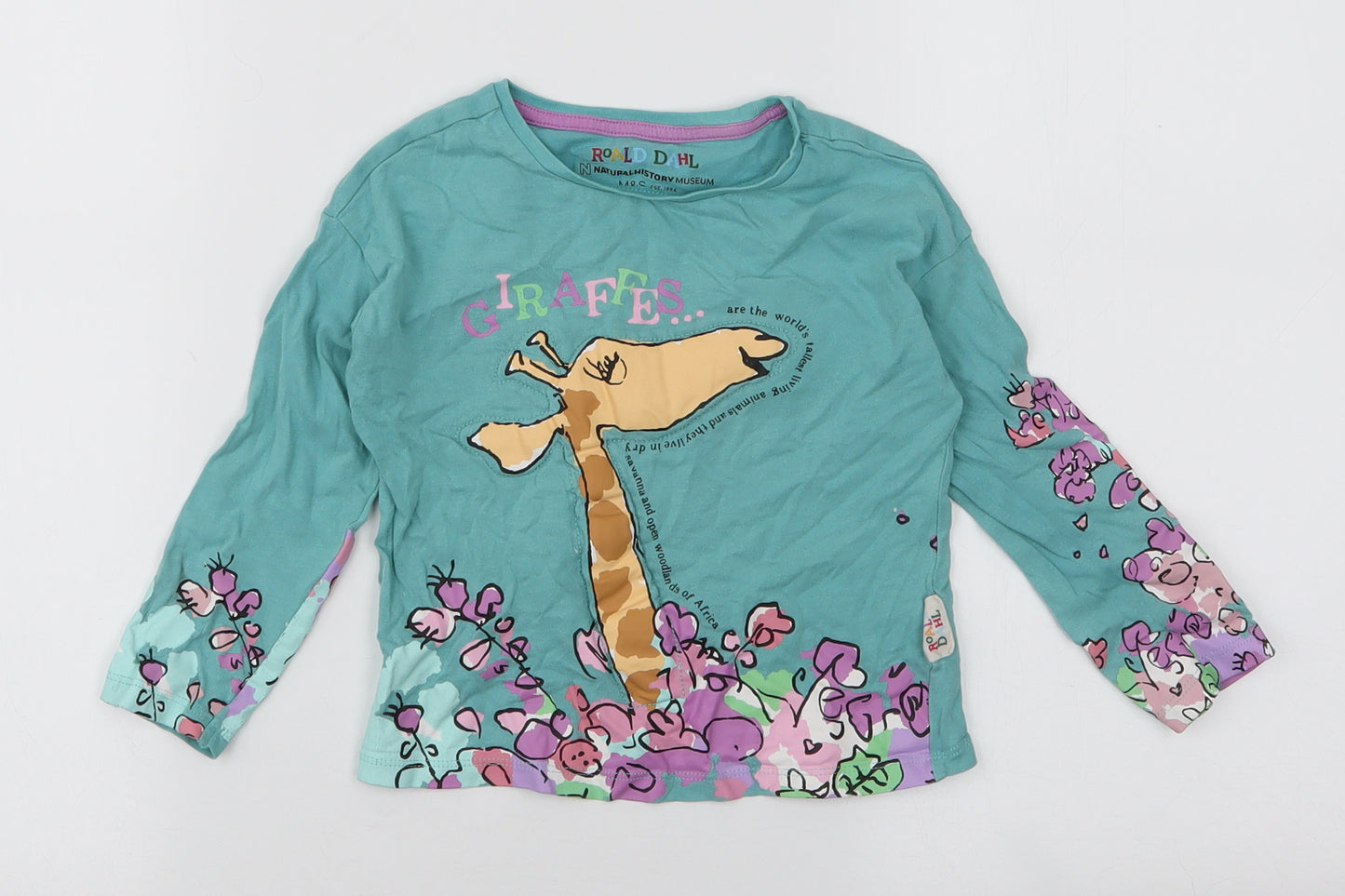 Marks and Spencer Girls Multicoloured Floral Cotton Jersey T-Shirt Size 2-3 Years Round Neck Pullover - Giraffes