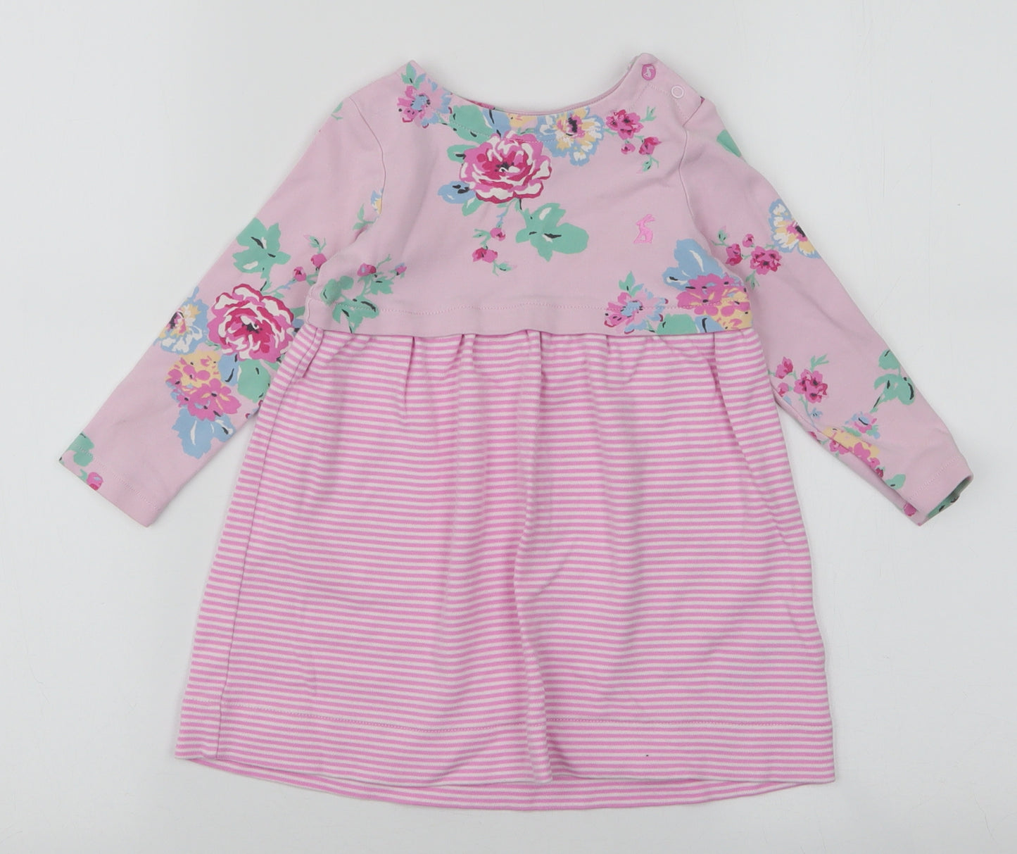 Joules Girls Pink Striped 100% Cotton A-Line  Size 18-24 Months  Round Neck Snap - Floral