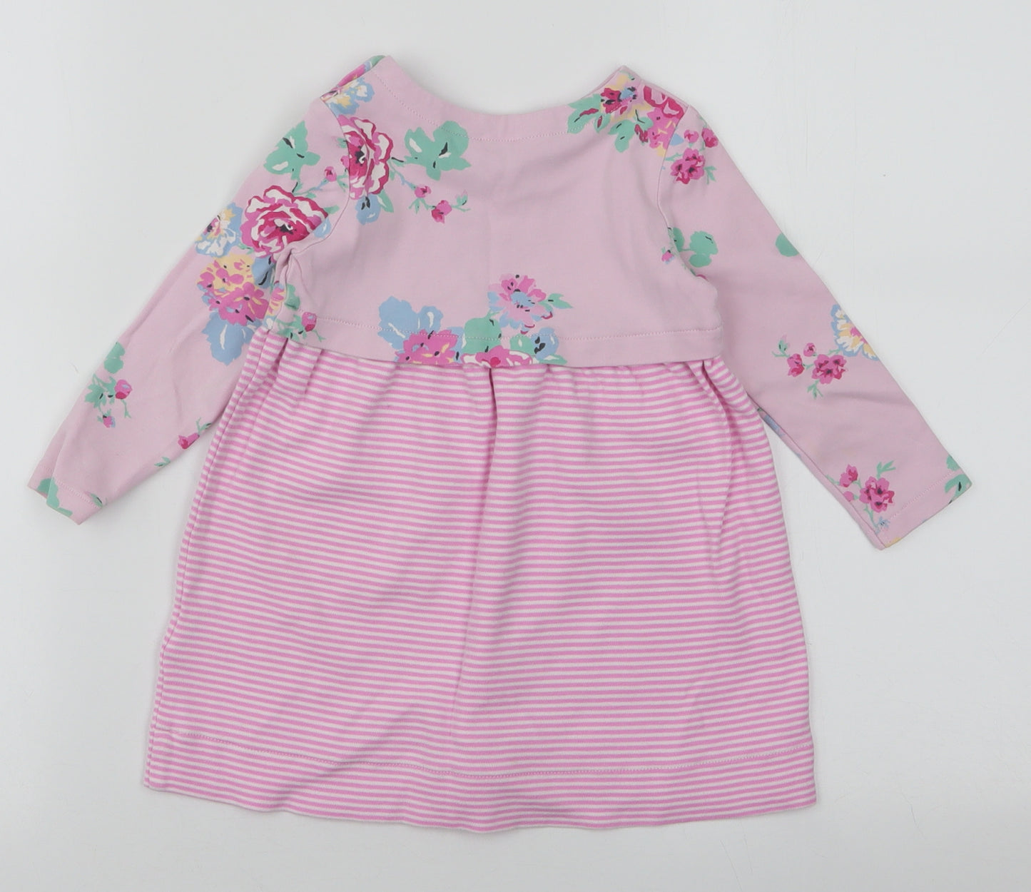 Joules Girls Pink Striped 100% Cotton A-Line  Size 18-24 Months  Round Neck Snap - Floral