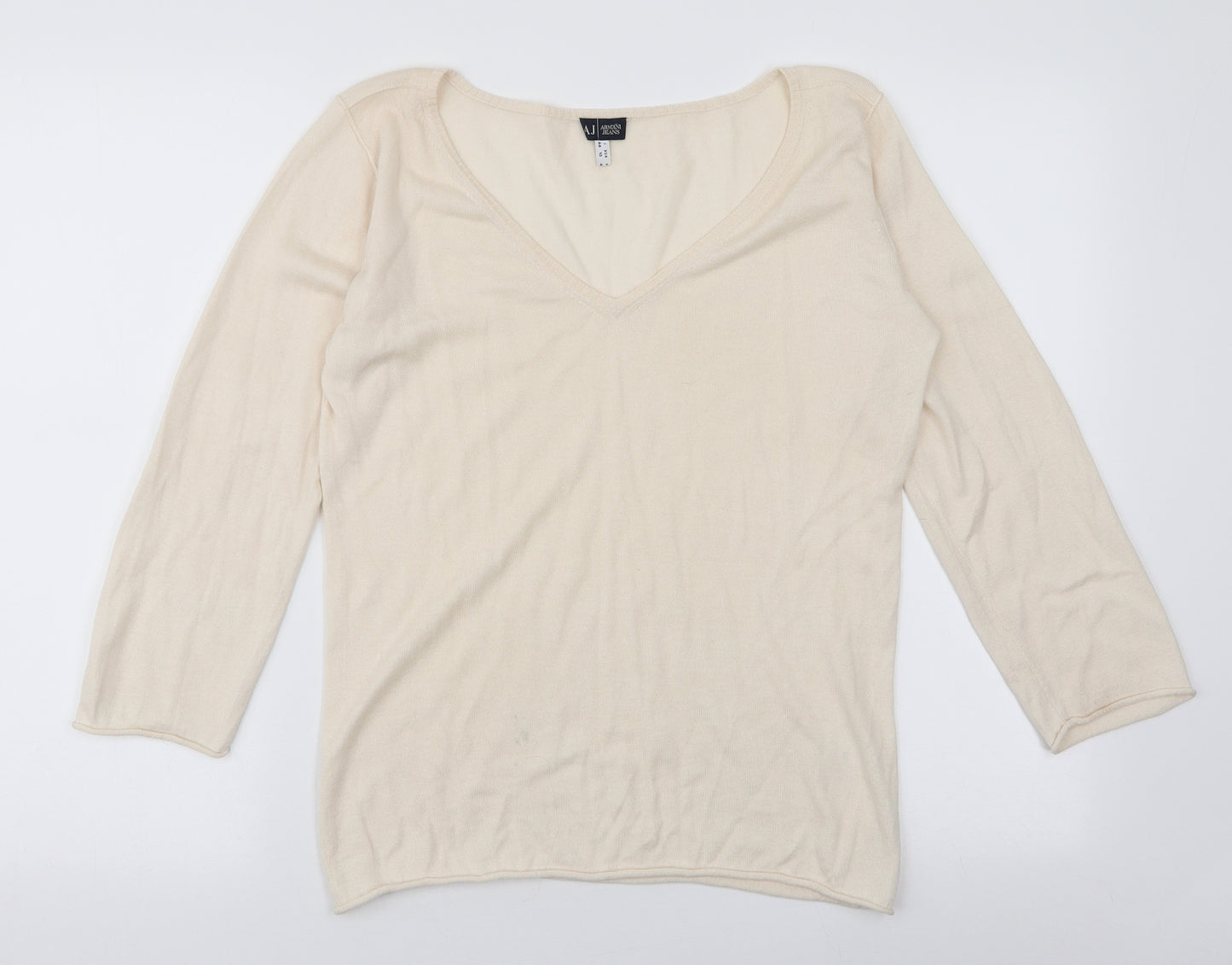 Armani Jeans Womens Ivory V-Neck  Polyester Pullover Jumper Size 14