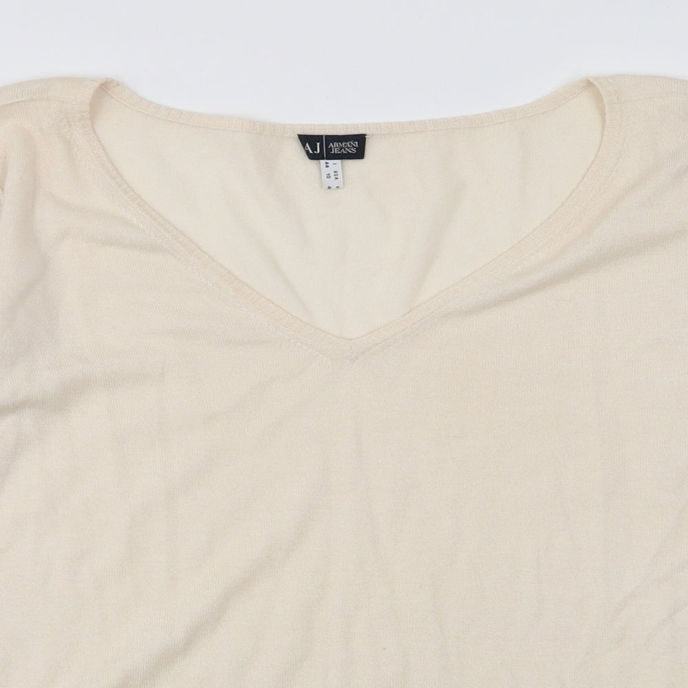 Armani Jeans Womens Ivory V-Neck  Polyester Pullover Jumper Size 14