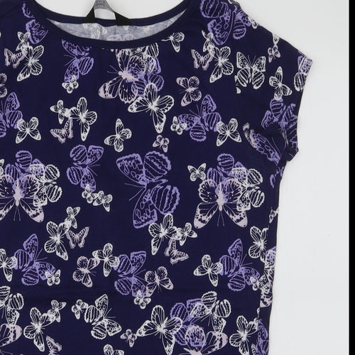 Dorothy Perkins Womens Blue Floral 100% Cotton Jersey T-Shirt Size 12 Round Neck - Butterflies