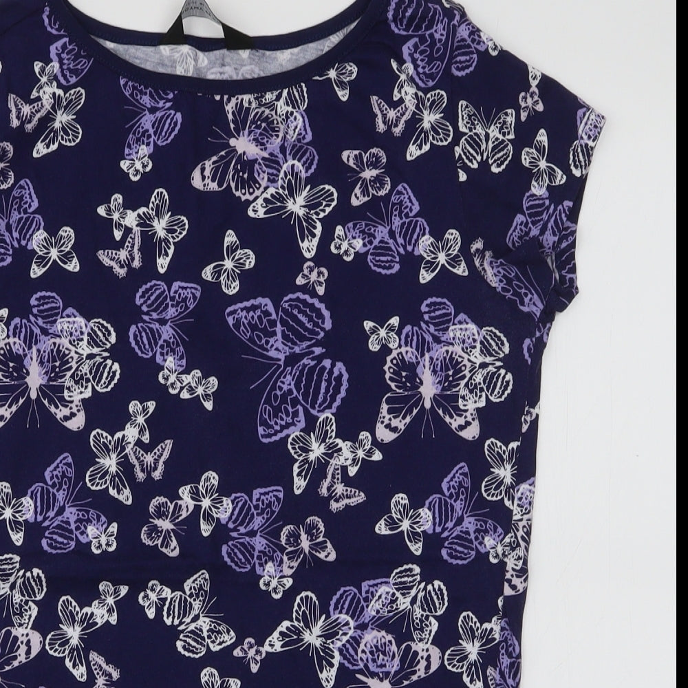 Dorothy Perkins Womens Blue Floral 100% Cotton Jersey T-Shirt Size 12 Round Neck - Butterflies