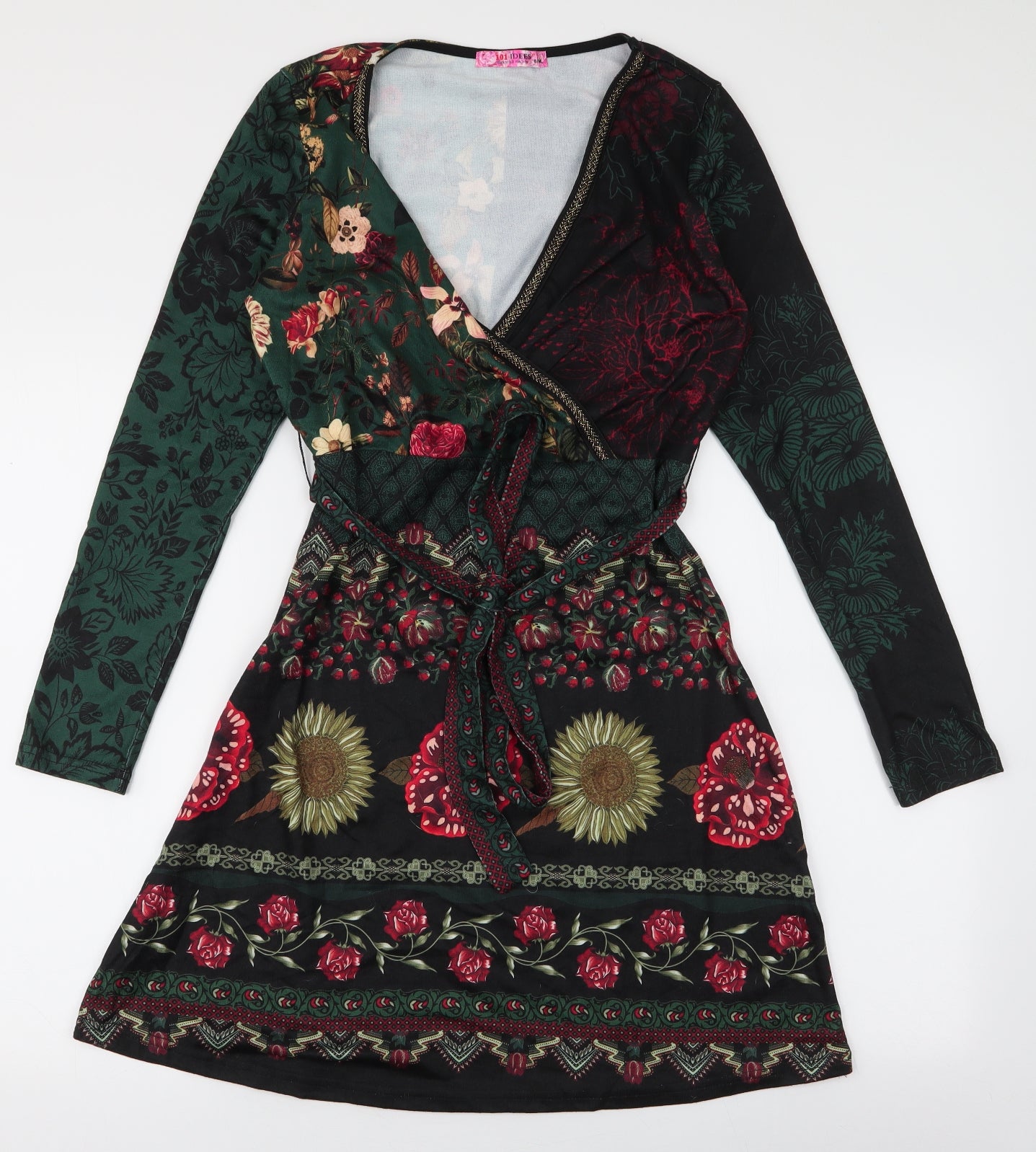 Idees Womens Multicoloured Floral Polyester Skater Dress  Size S  V-Neck Pullover