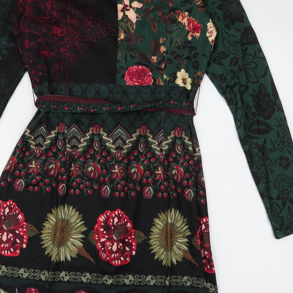 Idees Womens Multicoloured Floral Polyester Skater Dress  Size S  V-Neck Pullover