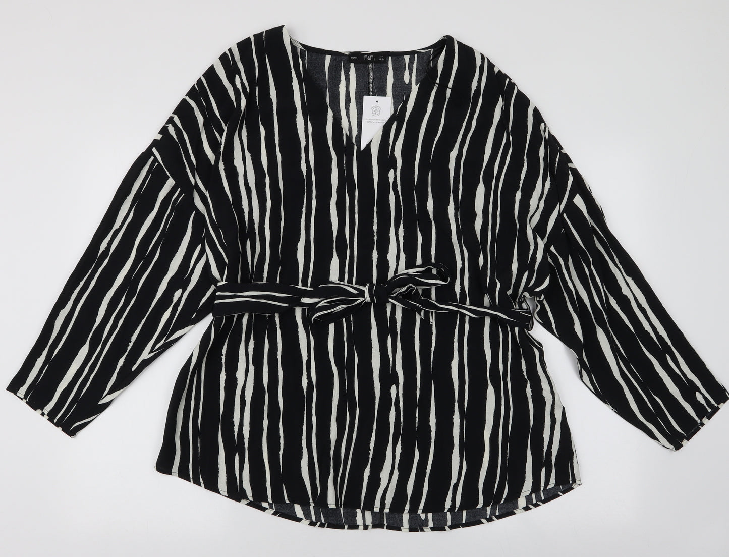 F&F Womens Black Striped Viscose Basic Blouse Size 14 V-Neck