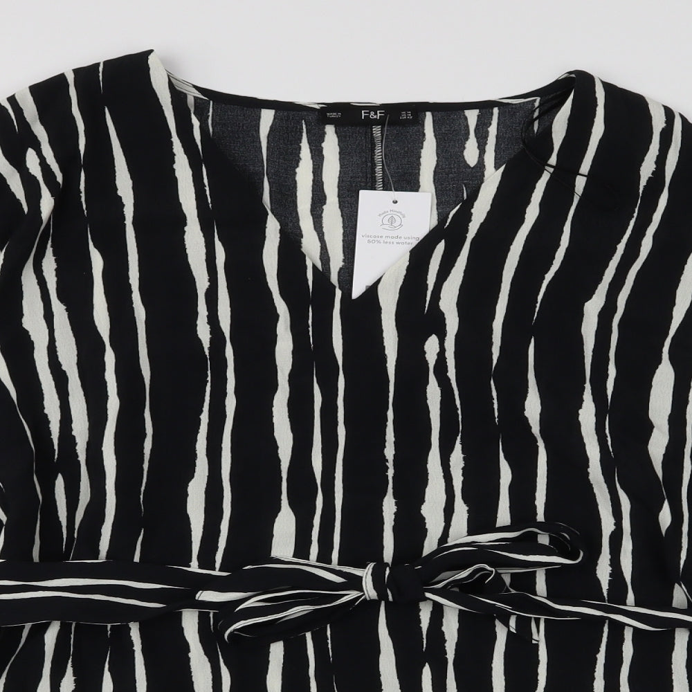 F&F Womens Black Striped Viscose Basic Blouse Size 14 V-Neck