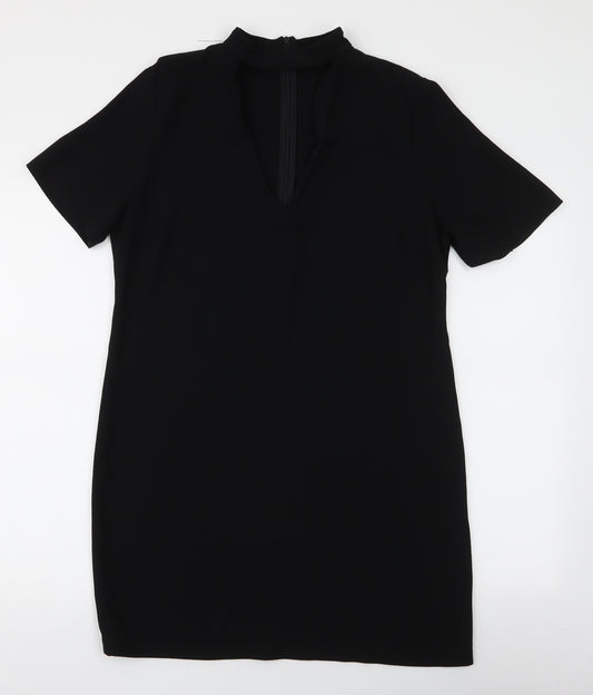Front view of Zara women’s black polyester a-line, size M, v-neck zip